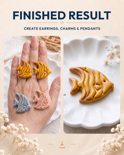 Finished result collage showing polymer clay jewelry created with the Tropical Angelfish cutter design.