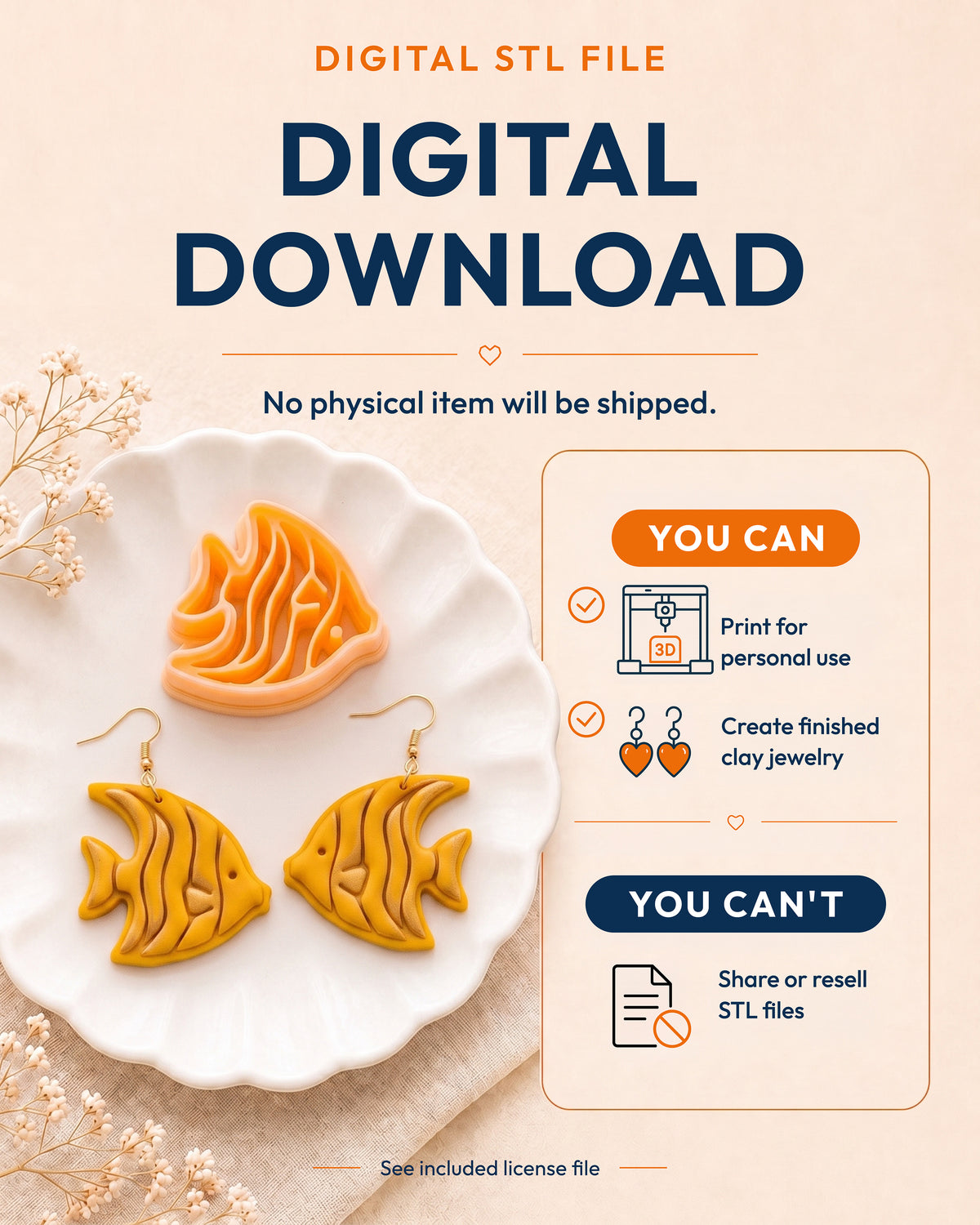 Digital download information graphic for the Tropical Angelfish STL files, explaining that no physical item is shipped.