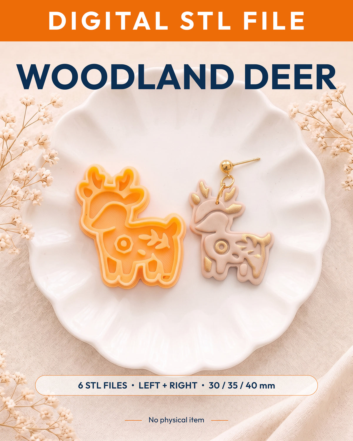 Digital STL listing hero showing the Woodland Deer printed clay cutter with example finished polymer clay jewelry.