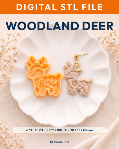 Digital STL listing hero showing the Woodland Deer printed clay cutter with example finished polymer clay jewelry.