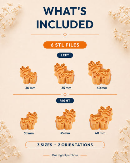 What's included graphic showing the STL file package and available sizes for the Woodland Deer clay cutter.