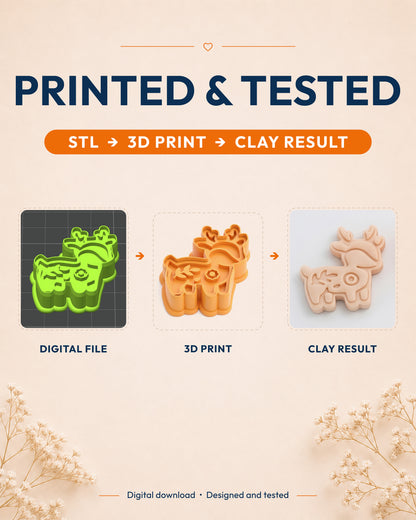 Printed and tested graphic showing the digital model, printed Woodland Deer cutter and matching polymer clay result.