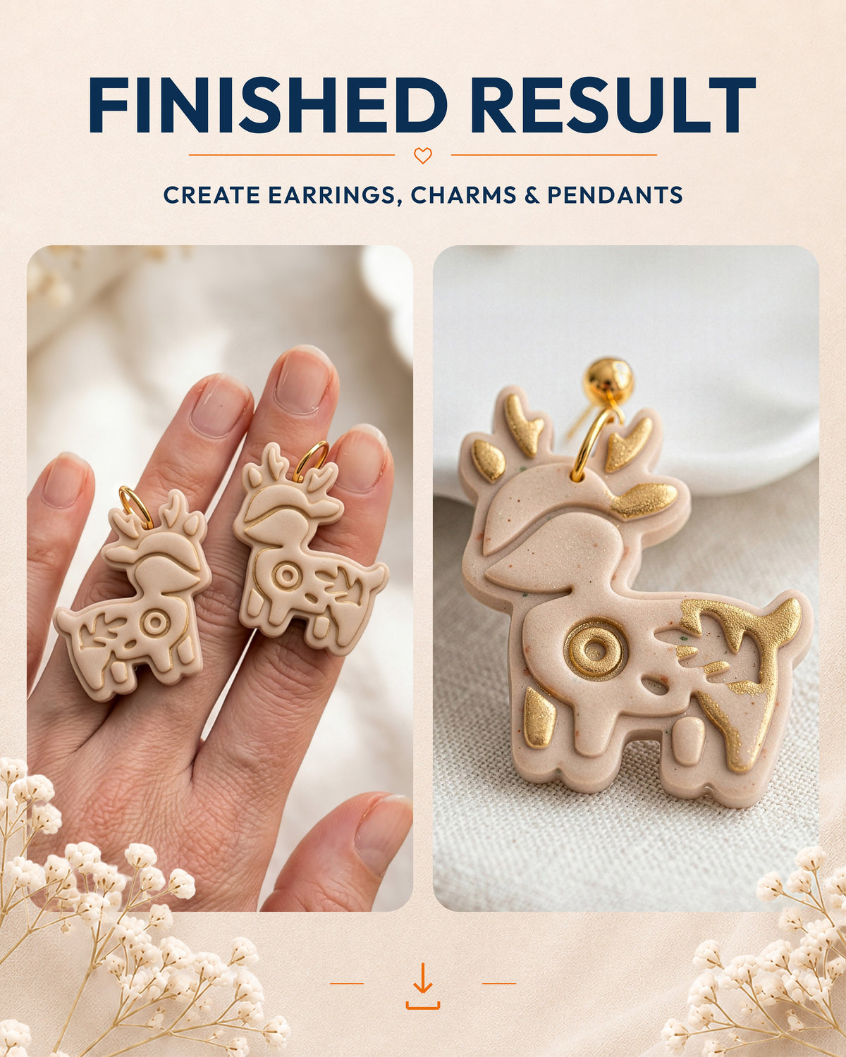 Finished result collage showing polymer clay jewelry created with the Woodland Deer cutter design.