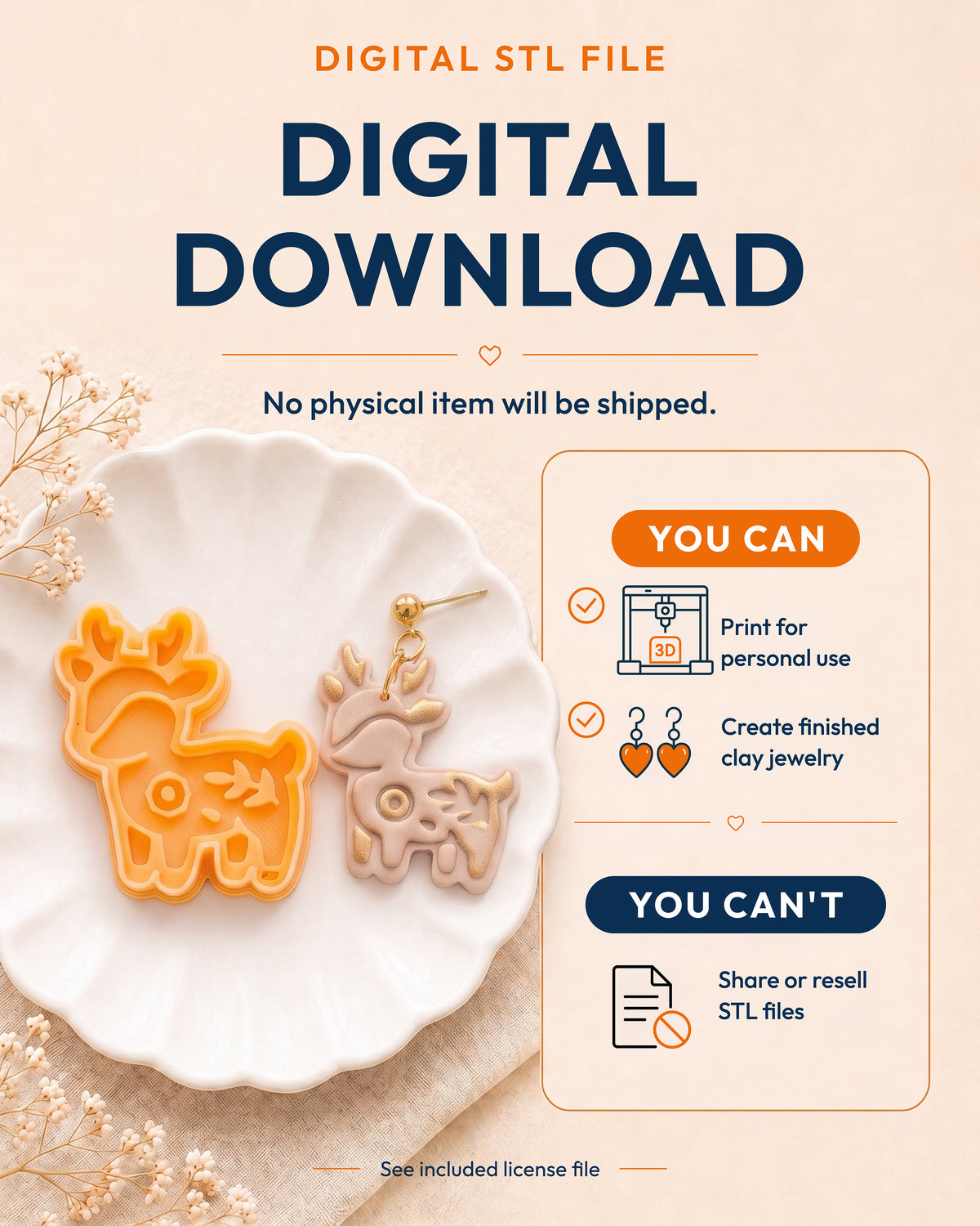 Digital download information graphic for the Woodland Deer STL files, explaining that no physical item is shipped.