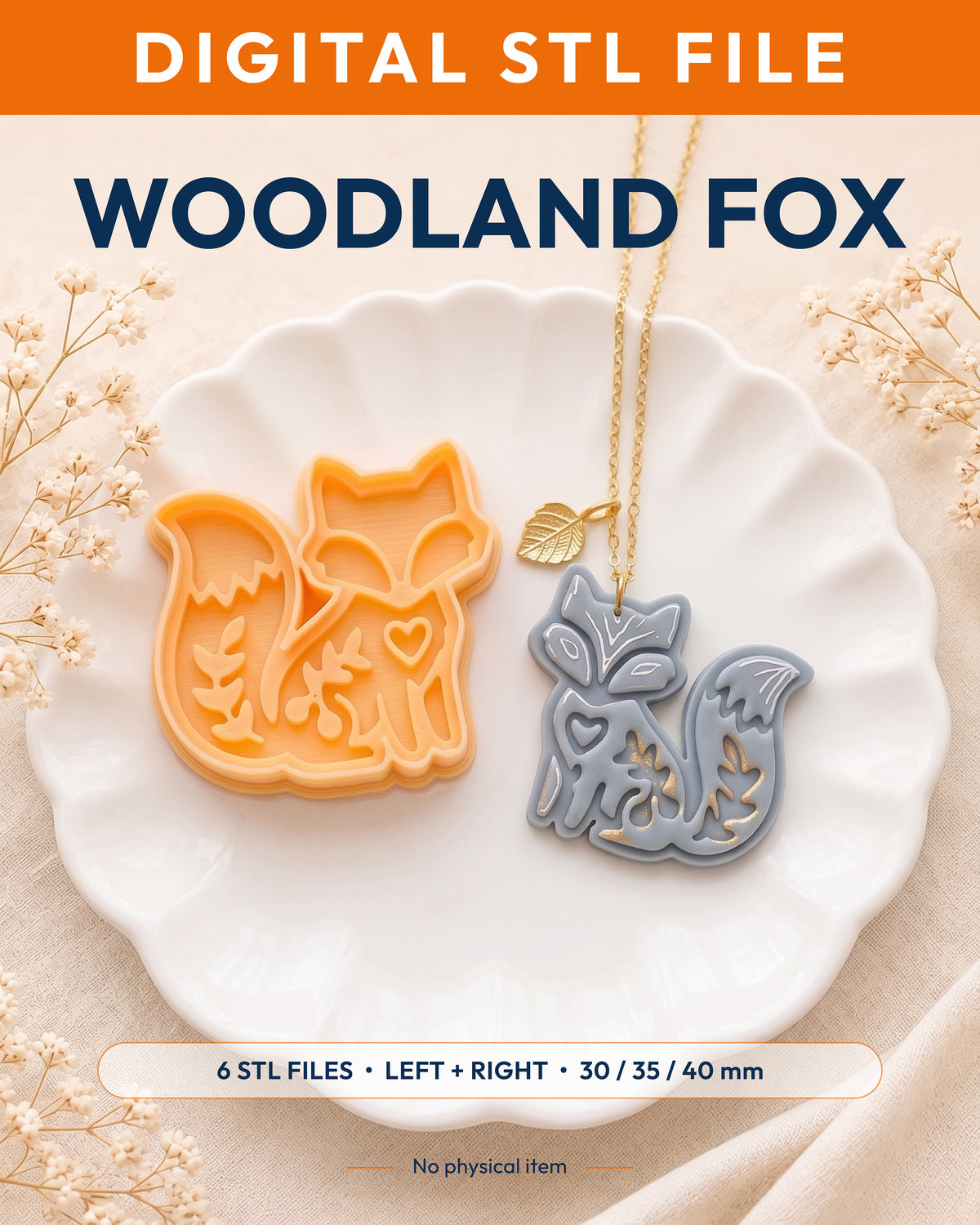 Digital STL listing hero showing the Woodland Fox printed clay cutter with example finished polymer clay jewelry.