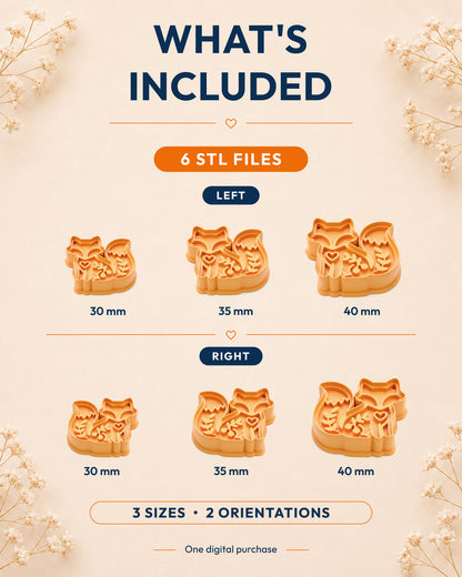 What's included graphic showing the STL file package and available sizes for the Woodland Fox clay cutter.