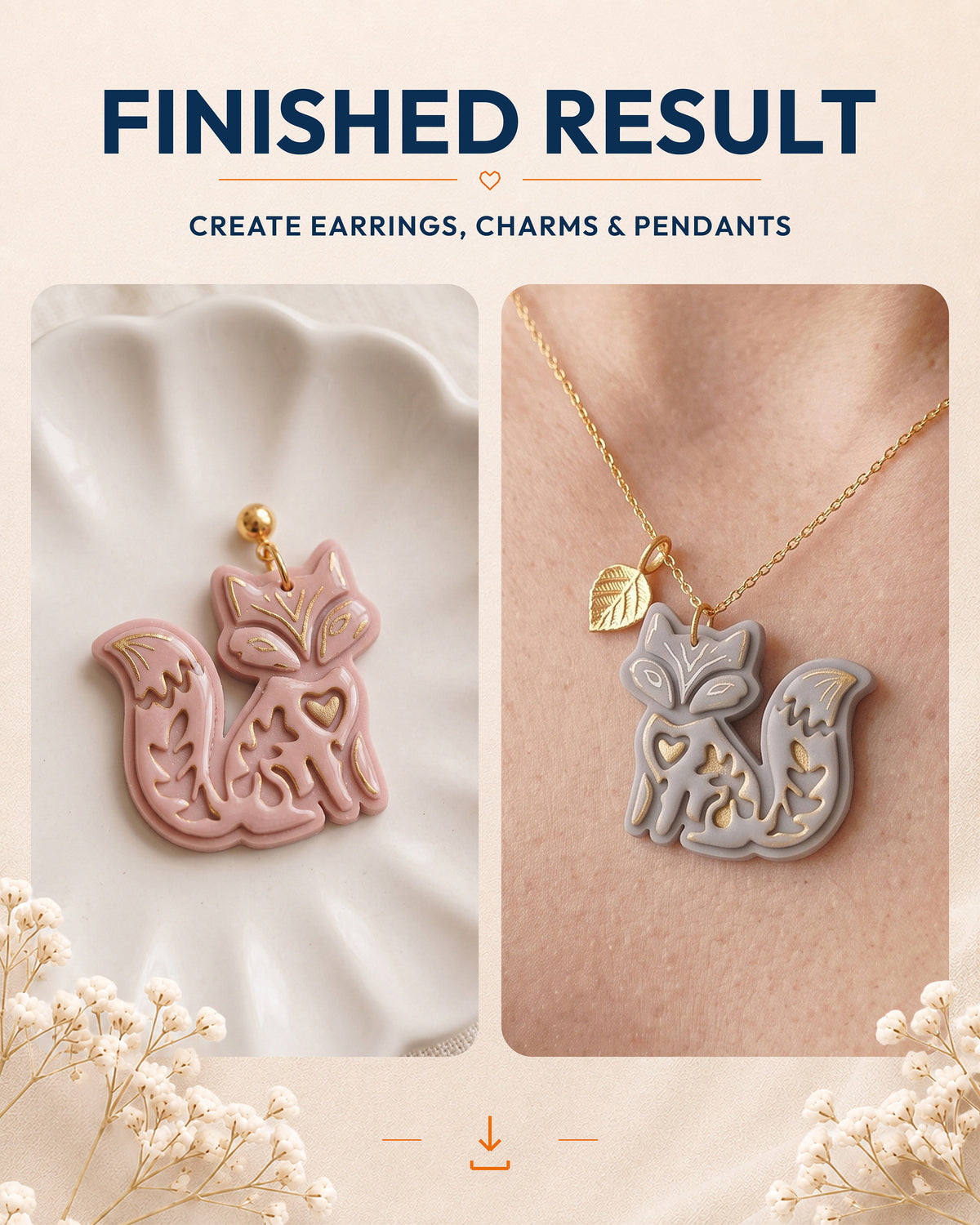 Finished result collage showing polymer clay jewelry created with the Woodland Fox cutter design.