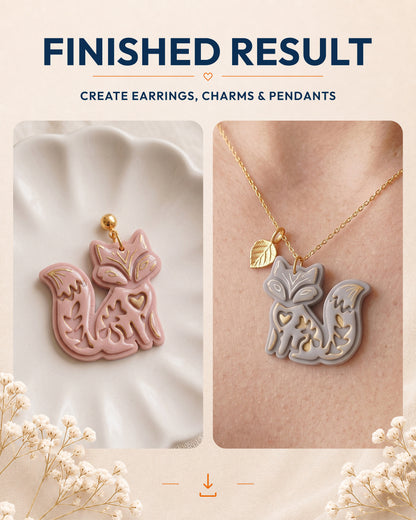 Finished result collage showing polymer clay jewelry created with the Woodland Fox cutter design.
