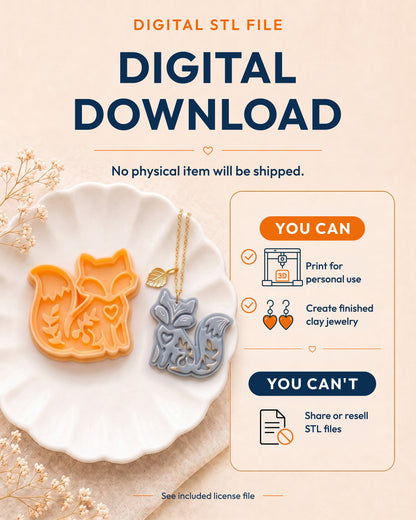Digital download information graphic for the Woodland Fox STL files, explaining that no physical item is shipped.